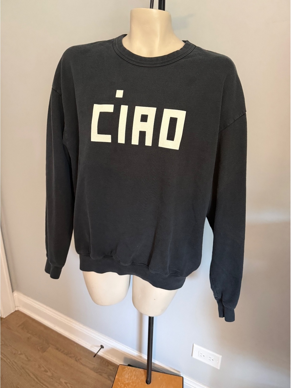 Clare V. Black Cotton Crewneck Sweatshirt with CIAO Print